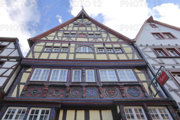 Historic Windeck House with decorations and wood carvings, view upwards, gable, Orchheimer Straße,