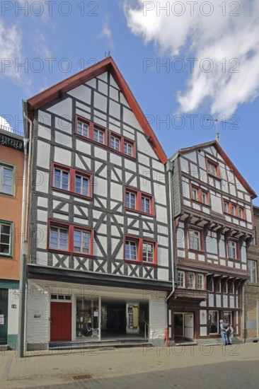 Half-timbered houses, pedestrians, Orchheimer Straße, Bad Münstereifel, Ahrgebirge, Eifel, North