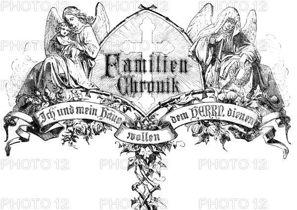 Cover picture family chronicle with happy and mourning angels, baby, and funeral wreath, symbols