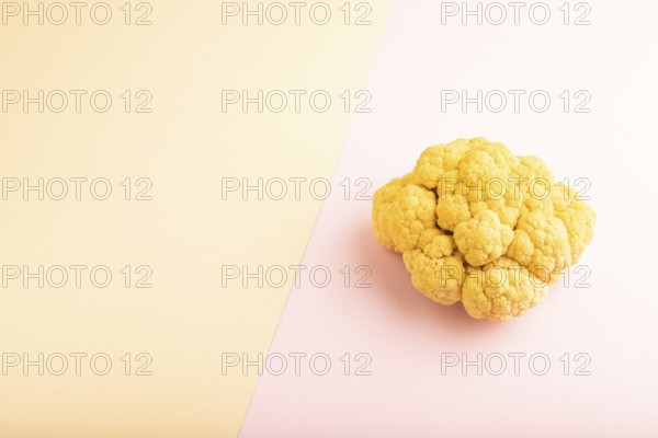 Yellow Cauliflower on pink and orange pastel paper background. Side view, copy space. healthy food,
