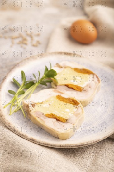 Chicken, egg and dried apricot meatloaf, microgreen on brown concrete background and linen textile.