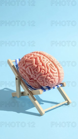 Brain relaxes on a sunbed under the summer sun, placed on a flat surface, symbol for mental health,
