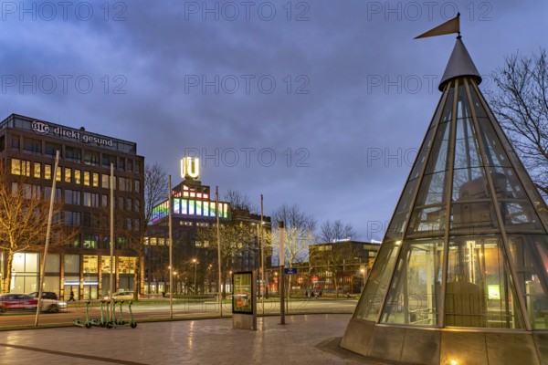 Buffalo Square and Dortmund's landmark U, Centre for Art and Creativity at dusk, Dortmund, North
