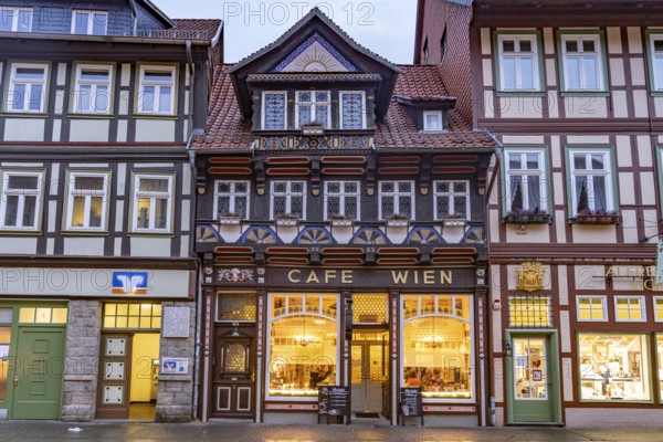Half-timbered houses with the Cafe Wien in the old town centre of Wernigerode, Saxony-Anhalt,