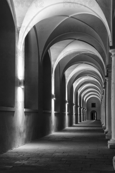 Pillars and archway in the stable courtyard, artificial light, Residenzschloss, Neustadt, Dresden,