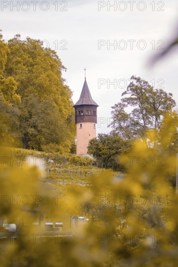 Single tower rises out of autumn landscape with orange-coloured trees, Mainau Island, Lake