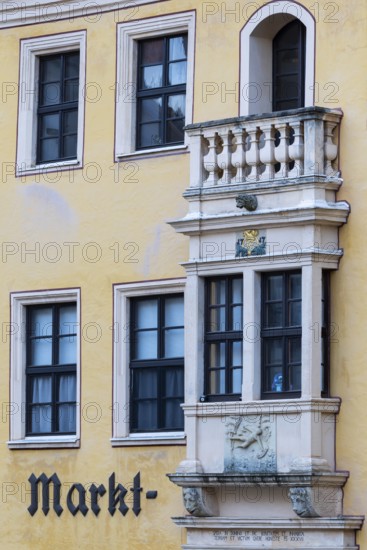 Balcony on the Jungendstilhaus, historic windows, market pharmacy, market square, old town centre,