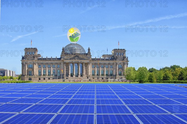 Symbolic image, solar park in the city, Reichstag building Berlin with environmental logo, modules