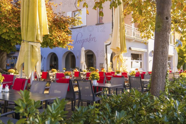 Cosy outdoor area of a café with red and black chairs, tables and large parasols in autumn light,