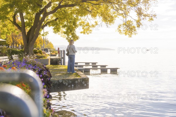 A woman stands on the lakeshore, surrounded by trees and flowers, while the scenery is bathed in