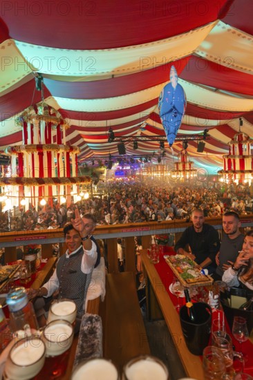 People celebrating at a long table in a colourful striped marquee, Cannstatter Wasen folk festival,