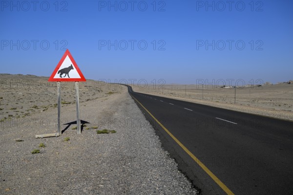 Sign warning of brown hyenas or beach wolves (Parahyaena brunnea) near Lüderitz, Karas Region,
