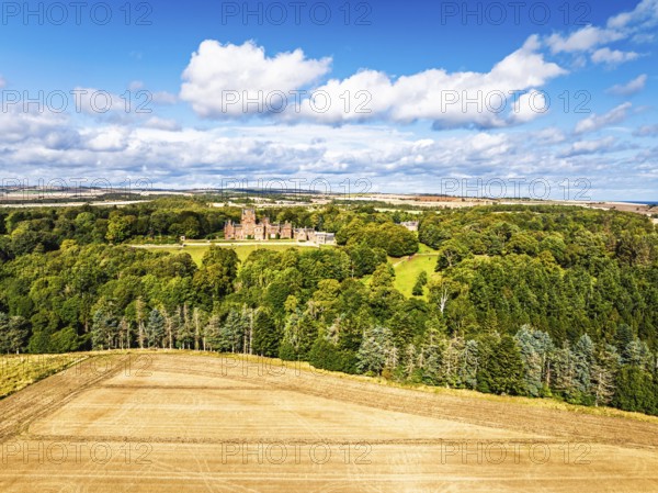 Ayton Castle from a drone, Ayton, Eyemouth, Scottish Borders, Scotland, UK