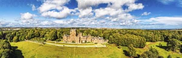 Panorama of Ayton Castle from a drone, Ayton, Eyemouth, Scottish Borders, Scotland, UK