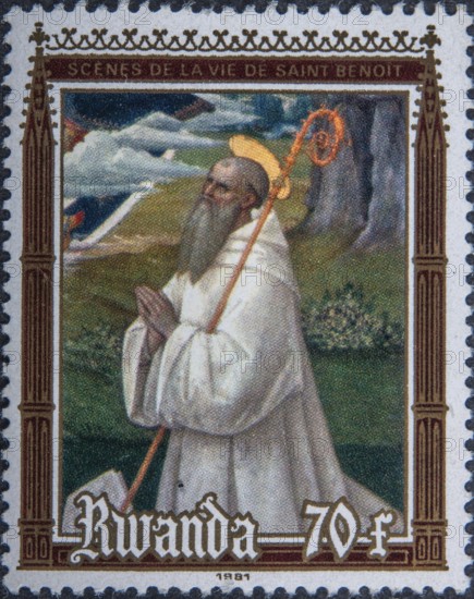 Benedict of Nursia (480-543), monk and founder of the Benedictine Order. Portrait on Rwandan