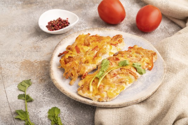 Baked chicken meat with cheese and tomatoes on brown concrete background and linen textile. side