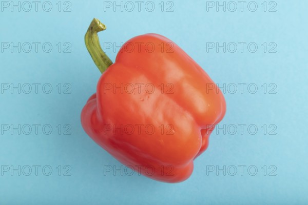 Red pepper on blue pastel background. Top view, flat lay, copy space. healthy food, vegetable,