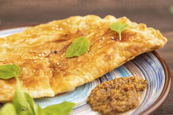 Fried homemade Khachapuri cake with cheese and meat, fried in pan. Traditional Georgian cuisine on