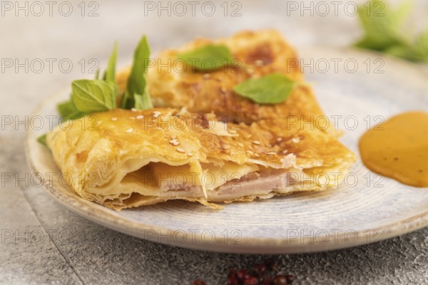 Fried homemade Khachapuri cake with cheese and meat, fried in pan. Traditional Georgian cuisine on