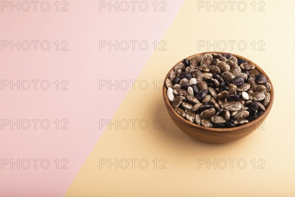 Wooden bowl with Kidney beans on pink and orange pastel paper background, side view, copy space,