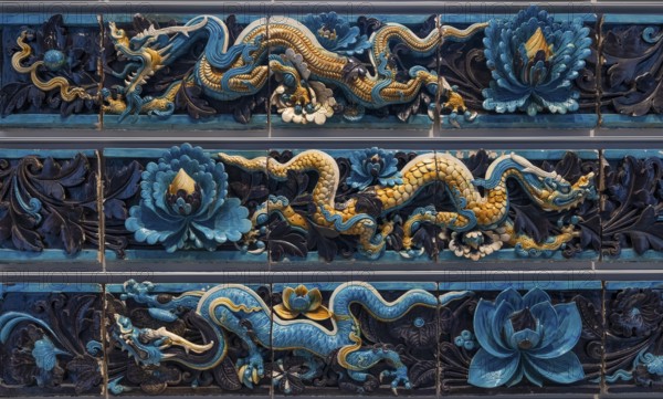 Blue and yellow glazed tiles with depictions of dragons, Ming dynasty, Shanxi province, British