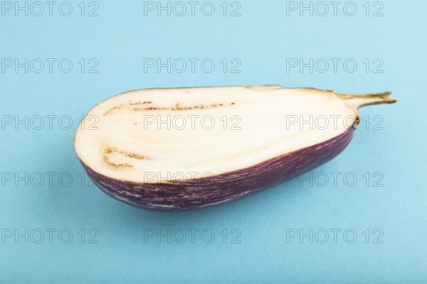 Purple Cutted eggplant with white stripes on blue pastel background. Side view, copy space.