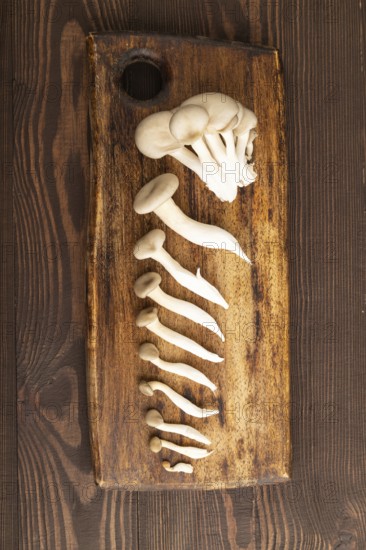 Raw Oyster mushroom, Pleurotus ostreatus on cutting board on brown wooden background. Top view,