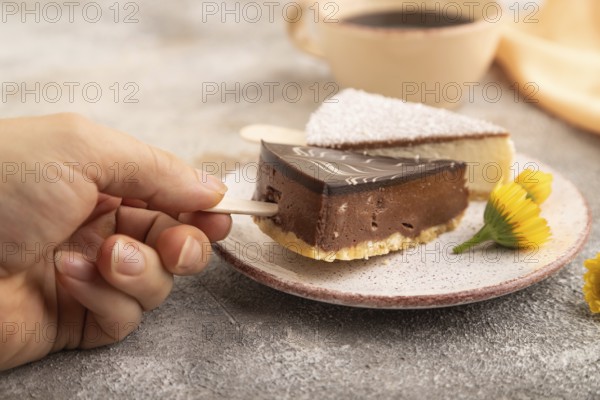 Chocolate and Vanilla Cake pops Marshmallow with hand with cup of coffee on brown concrete