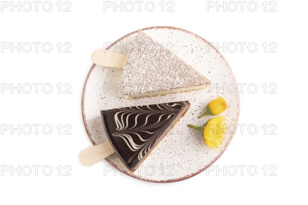 Chocolate and Vanilla Cake pops Marshmallow isolated on white background. top view, close up
