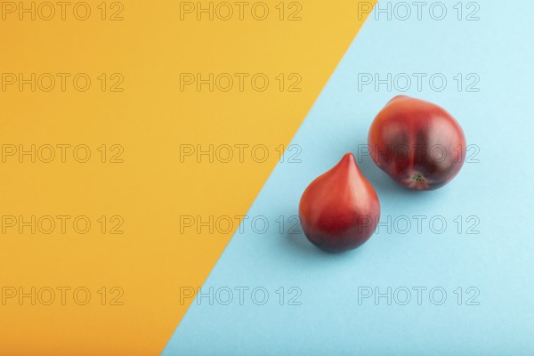 Red Heart shape tomatoes on blue and orange pastel paper background. Side view, copy space. healthy