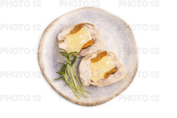 Chicken, egg and dried apricot meatloaf isolated on white. Diet, healthy eating. top view, copy