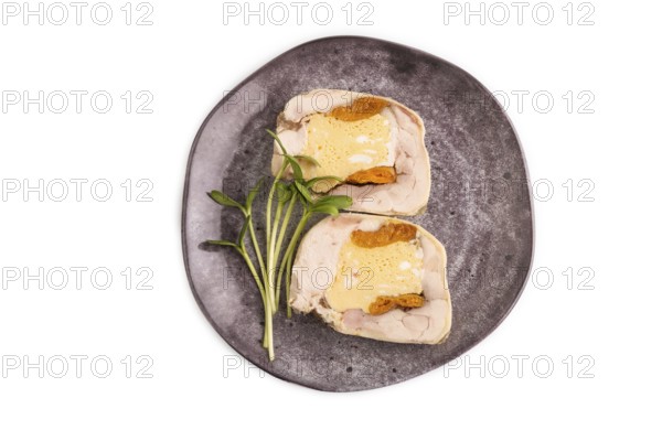 Chicken, egg and dried apricot meatloaf isolated on white. Diet, healthy eating. top view, copy