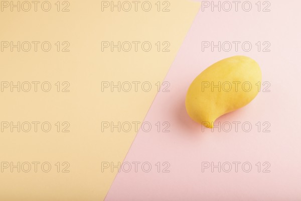 Orange mango on orange and pink paper pastel background. Side view, copy space. healthy food,