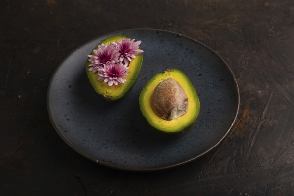 Two Avocado halves with pit and Chrysanthemums on blue plate on black concrete background, side