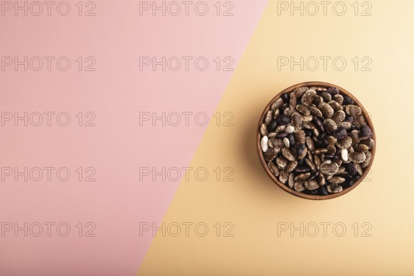 Wooden bowl with Kidney beans on pink and orange pastel paper background, top view, flat lay, copy