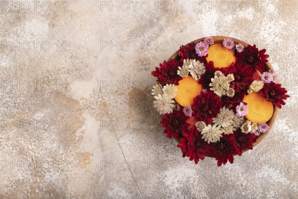 Wooden bowl with carrot slices and red Chrysanthemum flowers, Astrantia flowers, flower salad on