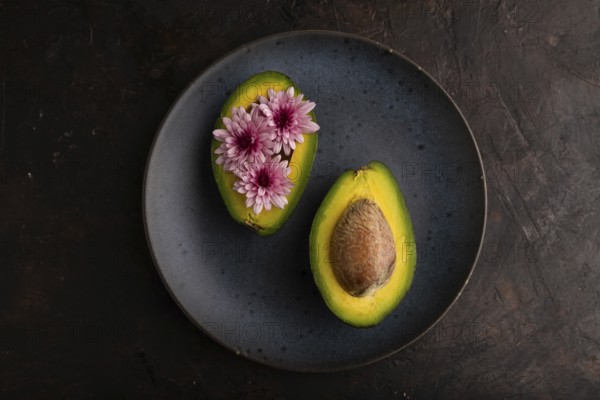 Two Avocado halves with pit and Chrysanthemums on blue plate on black concrete background, top