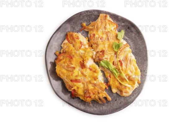 Baked chicken meat with cheese and tomatoes isolated on white background. top view, flat lay, close
