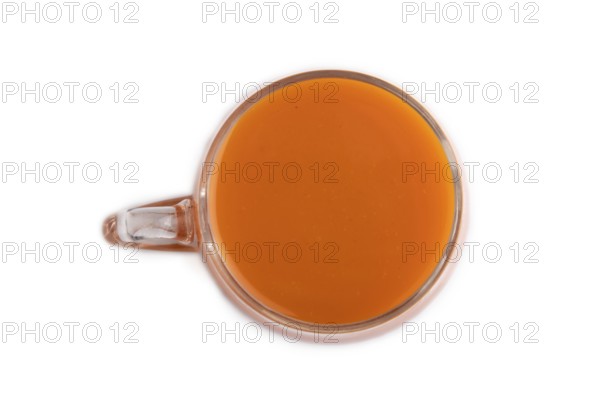 Two glasses with carrot juice isolated on white background. Diet, healthy eating concept. Top view,