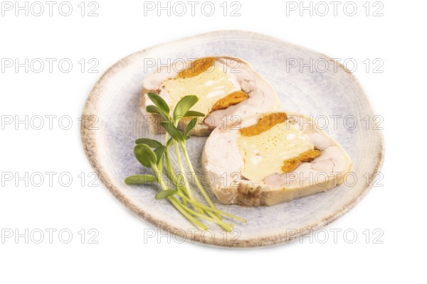 Chicken, egg and dried apricot meatloaf isolated on white. Diet, healthy eating. side view, copy