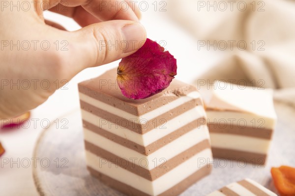 Cocoa and milk jelly with dried apricots with hand on white wooden background and linen textile,