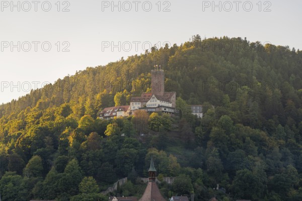 Burg auf einem mit Wald bedeckten Hügel, umgeben von herbstlichen Farben im Sonnenlicht, Bad