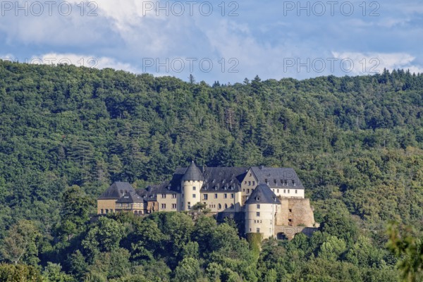 Die Burg Ebernburg, eine Höhenburg am bewaldeten Hang oberhalb von Bad Münster, Landkreis Bad
