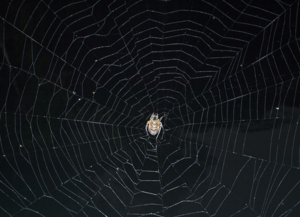 Tropical Red and Black Orb-weaving Spider (Eriophora fuliginea) weaving, Costa Rica, Central