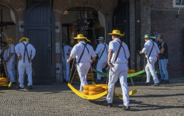 Männer in weißer Kleidung transportieren Käse auf einem Markt zur ehemaligen Stadtwaage,