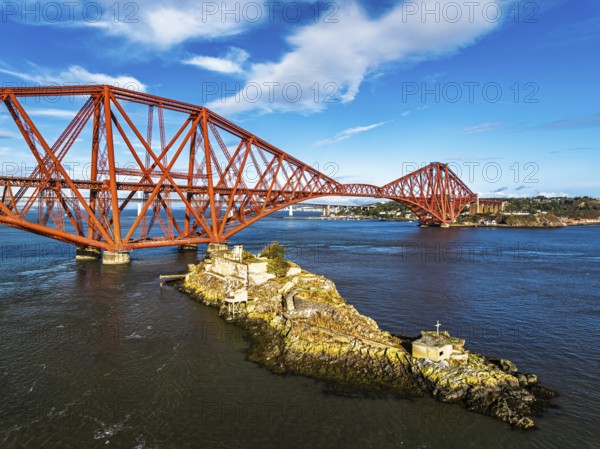 Inch Garvie Castle from a drone, Forth Bridge, Queensferry Crossing, Forth Estuary, Scotland,