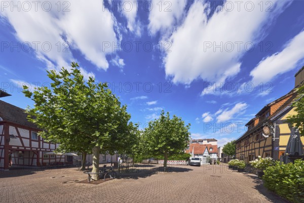 Platz, Fachwerkhäuser, Restaurant Die Scheuer, Gehweg aus Betonpflastersteinen, Bäume, blauer