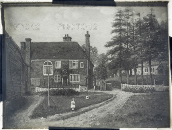 Magic lantern slide of painting girl young girl standing outside large house near a church, rural