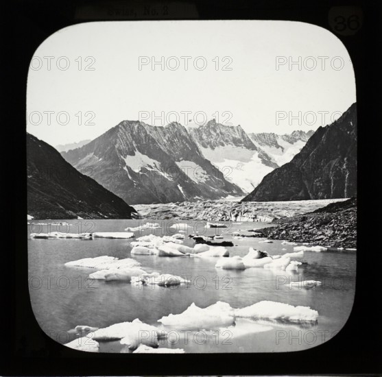 Magic lantern slide of Alpine glacier in Switzerland Le lac de Märjele, Aletschhorn, Märjele Lake,