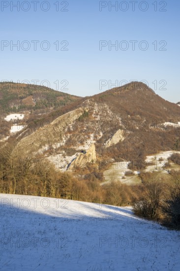 Cervenokamenské cliff (cervenokamenske bradlo), a huge rock at a mountain with bushes, trees and